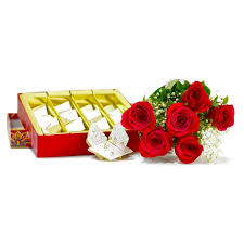 1/2kg  Kaju roll and Bunch of 10 Red roses 