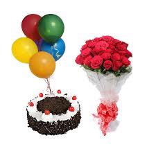 20 red roses hand tied with 6 air balloon and 1/2 kg black forest cake