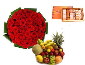 50 roses bunch 1/2 kg sweets and 3 kg fruit basket