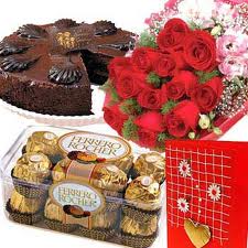 2 Rakhis ,16 Ferrero chocolate ,12 Roses,1/2 kg Cake roli ,chawal