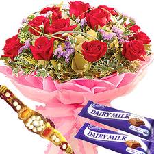 12 roses bouquet with 2 dairy milk and rakhi