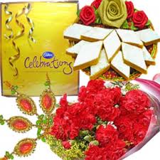 12 carnations 1/2 kg kaju katli celebration with rakhi.roli chawal