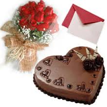 24 red roses bouquet, 1 kg chocolate cake and card