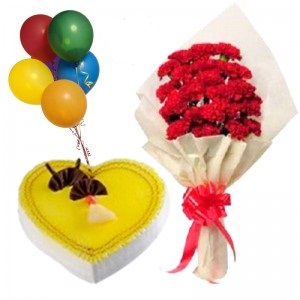 1 Kg Pineapple heart Cake with 5 Air Filled Balloon 12 Red Carnations