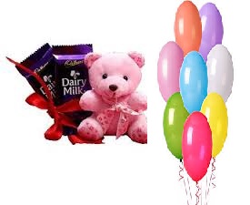 6 inch teddy with 12 air balloons and 2 chocolates