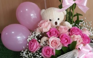 Teddy and 12 Light and dark Roses in a basket with 2 Pink color balloons