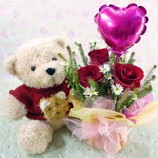 1 balloon 1 foot teddy 12 roses basket