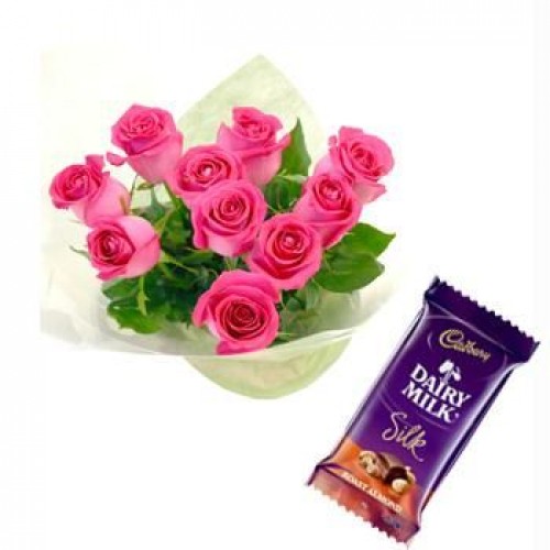 1 Cadburys Silk chocolates with 10 pink roses