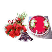 6 Red Roses 5 dairy Milk 1/2 Kg Strawberry Cake