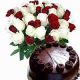 18 red white roses 1/2 kg chocolate cake