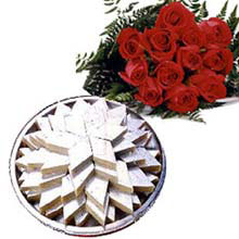 1/2 Kg. kaju Barfi and 12 red roses