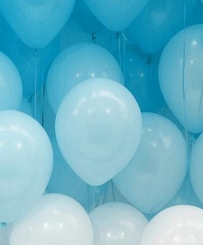 20 Gas filled shades of blue white Balloons tied to ribbons