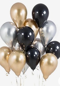 30 helium Gas filled gold confetti black Balloons tied to ribbons