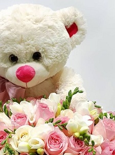 1 foot teddy with 20 roses basket