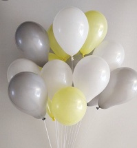 15 Gas filled yellow silver white Balloons tied to ribbons